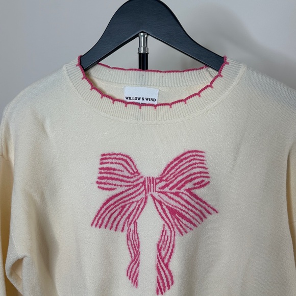 Cream Sweater with Pink Bow Design - Picture 2 of 6